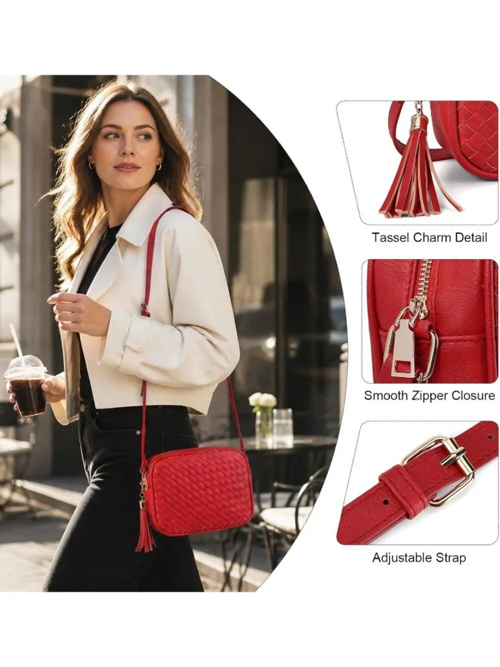 Women's Red Woven Small Boho Purse Vegan Zipper Leather Crossbody Bag